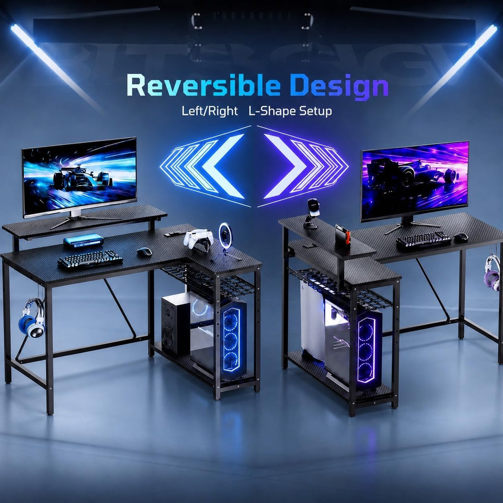 42-Inch L-Shaped Computer Desk with Charging & LED, Black | Charging 2AC+USB+Type-C, RGB LED Strip, Reversible