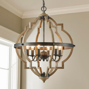 6-Lights Farmhouse Chandelier Light Fixture, Rustic Globe Chandelier for Dining Room, Pendant Light Fixtures,H29 x D21, Adjustable Hanging Chain, Wood Grain Metal Frame