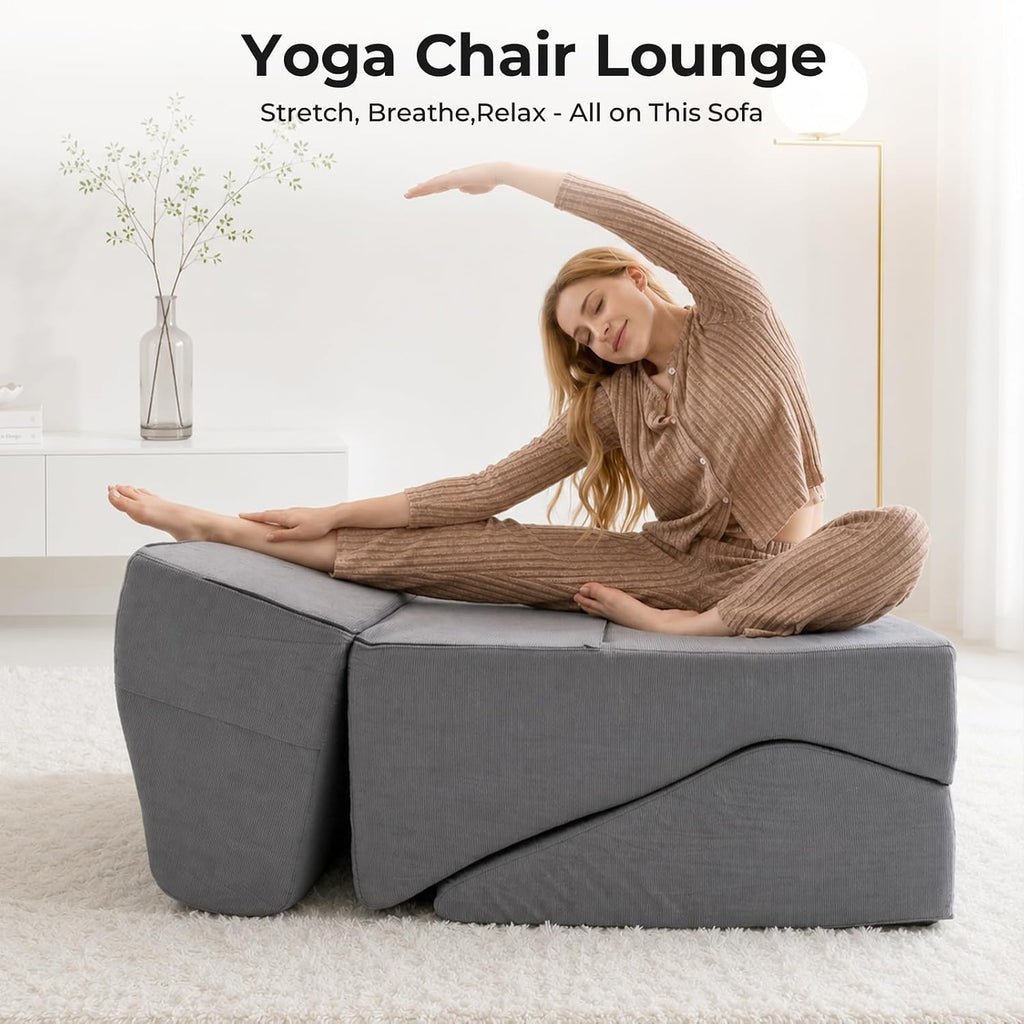 Yoga Chaise Lounge Chair Indoor, 3-in-1 Convertible Boneless Couch Bed | Corduroy Floor Sofa with Memory Foam, Zero