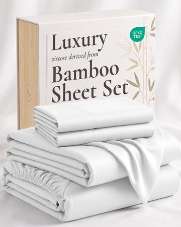 4 Piece Bed Sheet Set Queen Size, 100% Viscose Derived from Bamboo Sheets Set with 2 Pillowcases, Cooling &