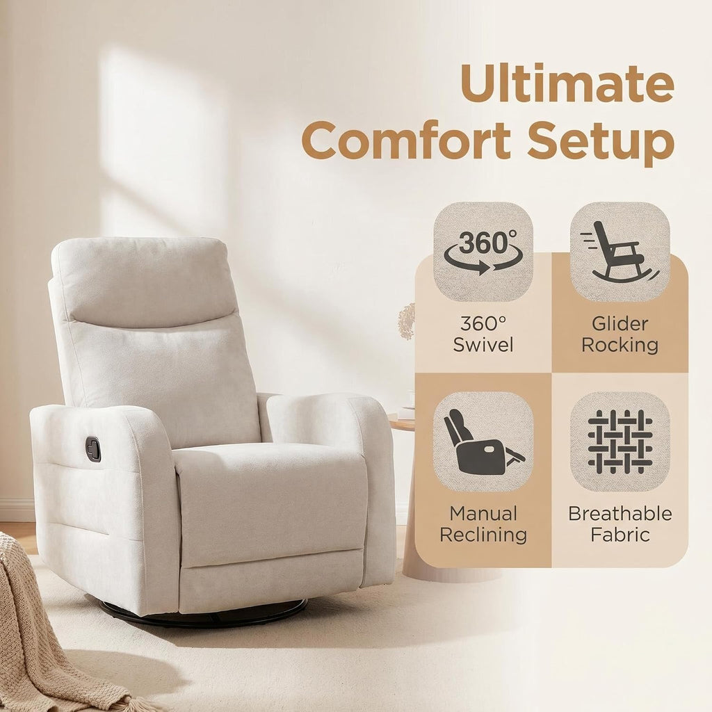 360° Swivel Glider Rocker Recliner Chair, Manual Reclining Sofa Chair with Side Pull Handle,Fabric Upholstered Lounge