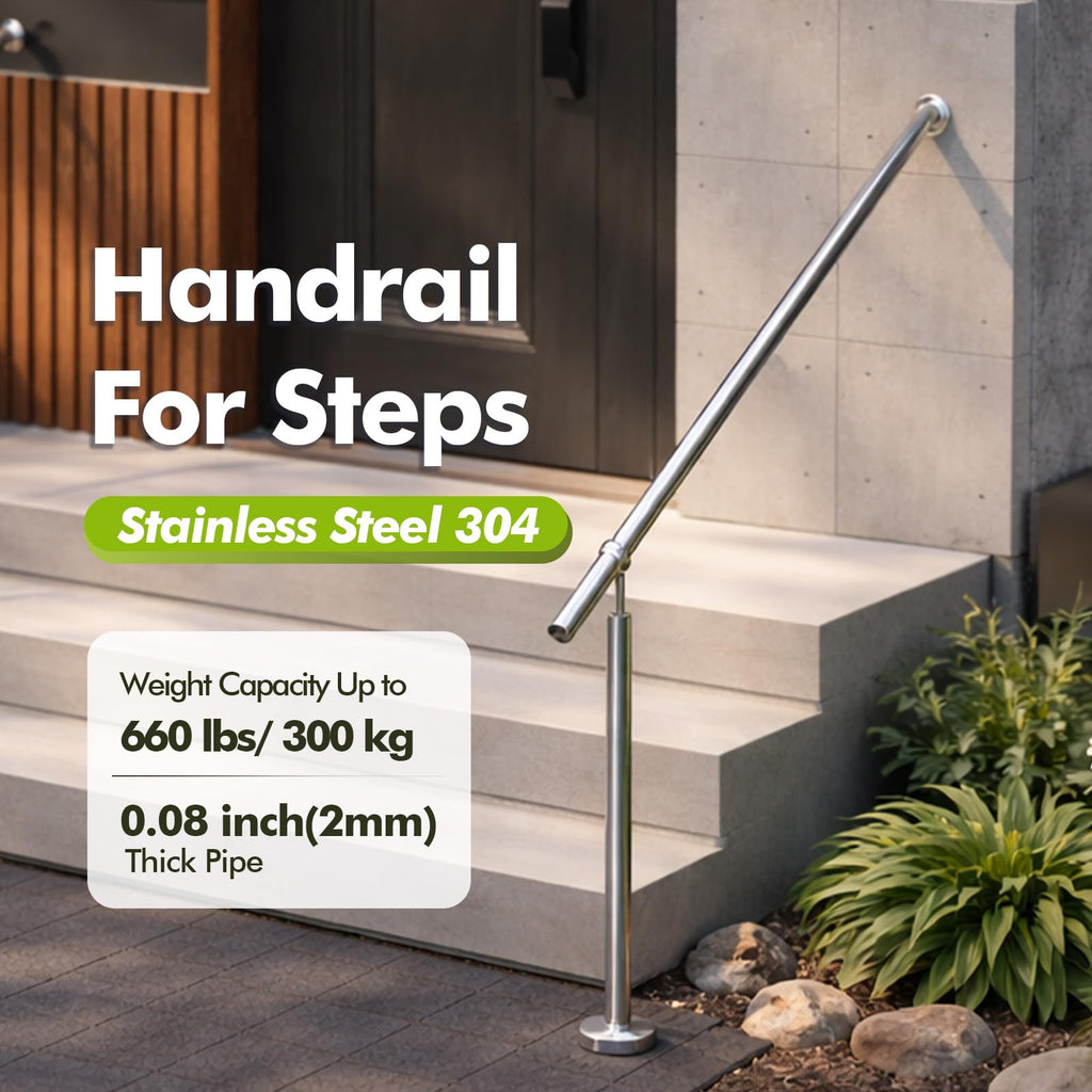Hand Rails for Steps, 1-2 Step Stainless Steel 304 Single Post Stair Handrail Wall Mount, Indoor Outdoor Stair