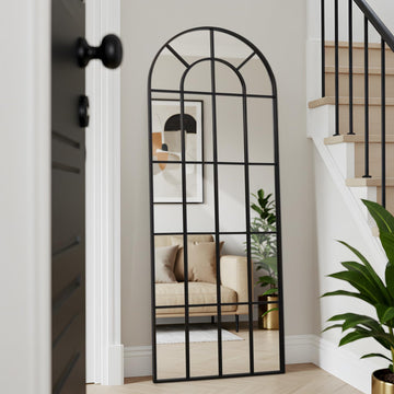 Arched Windowpane Mirror Full Length 71"x30" Wall Mounted Black Art Pane Farmhouse Decorative Floor Mirror Leaning