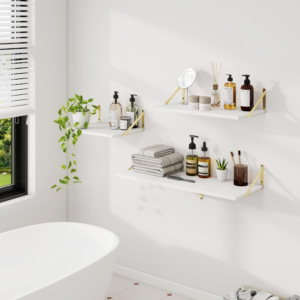 Wall Mounted Floating Shelves Set of 2, 36x12, White&Gold | Engineered Wood, Visible Bracket, Large Storage, Hold Up