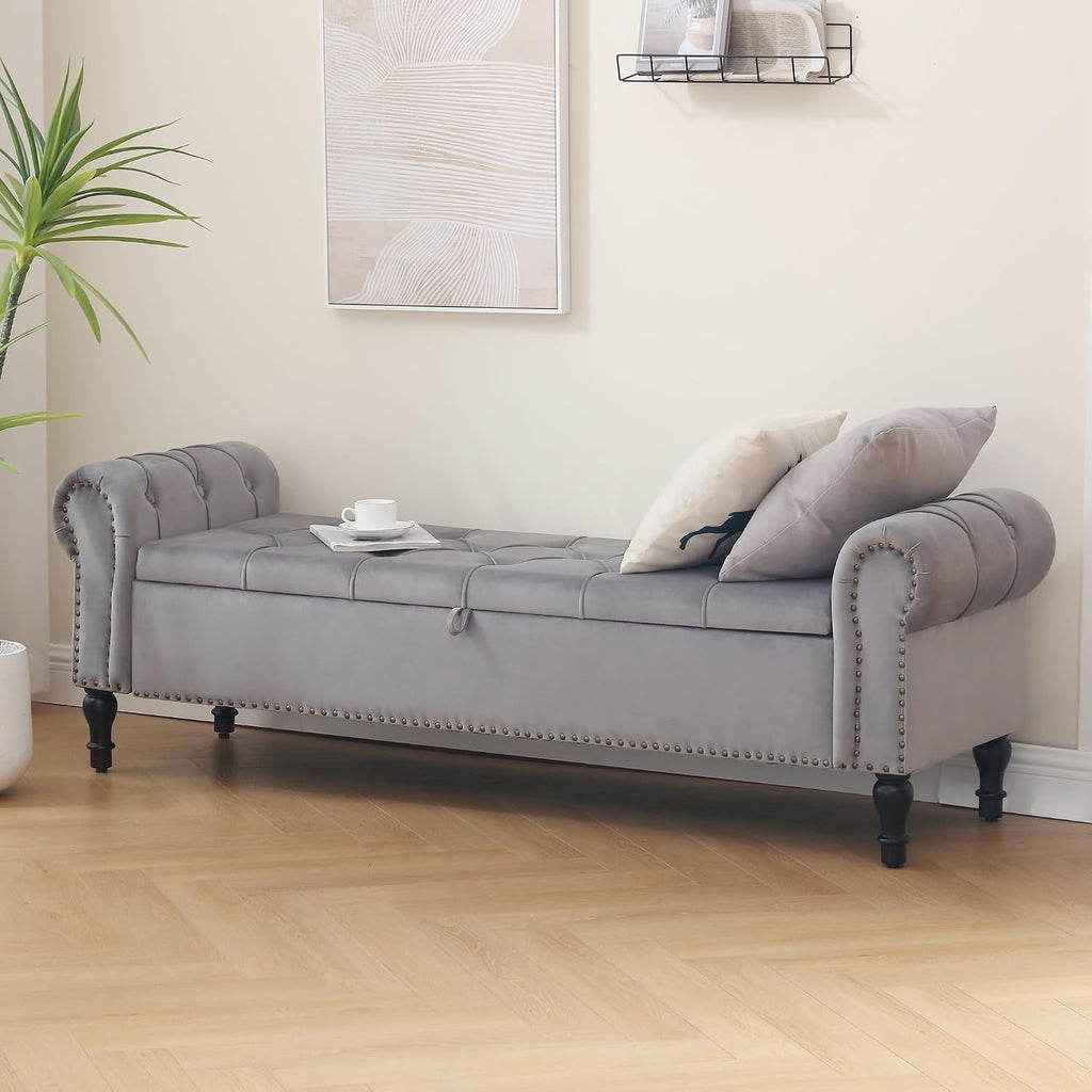 Velvet Storage Bench 67 Inch Upholstered Tufted Ottoman Bench with Arms King Size End of Bed Bench Living Room