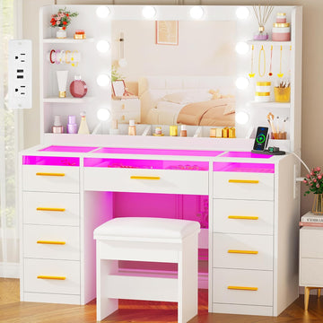 Large Vanity Desk with Mirror and Lights & Transparent Glass Top | 3 Colors Makeup Vanity Table Set with 9 RGB