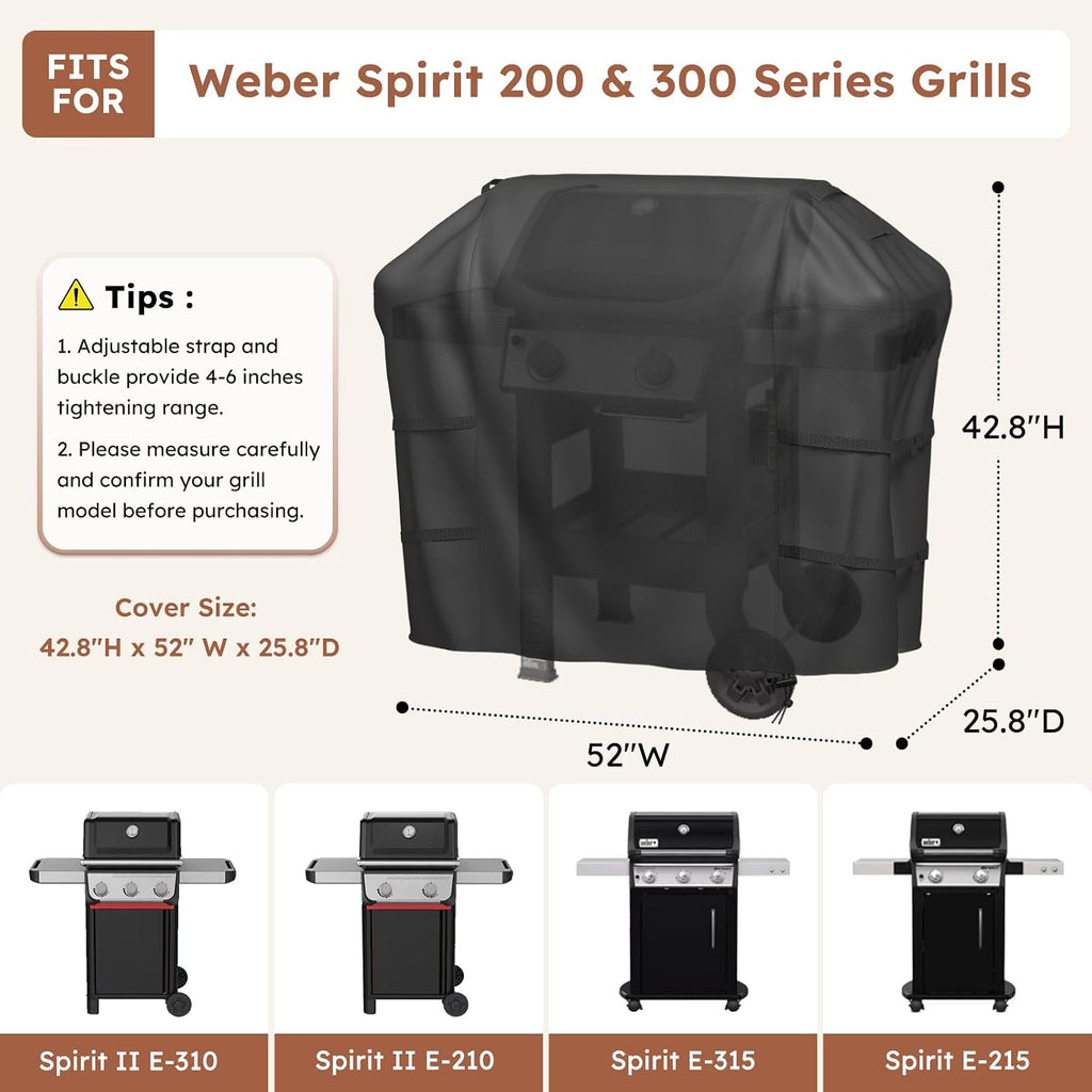 Grill Cover for Spirit 200/300 Series, 52 Inch 600D Heavy Duty Waterproof BBQ Cover, Rip-Proof Fade Resistant Gas