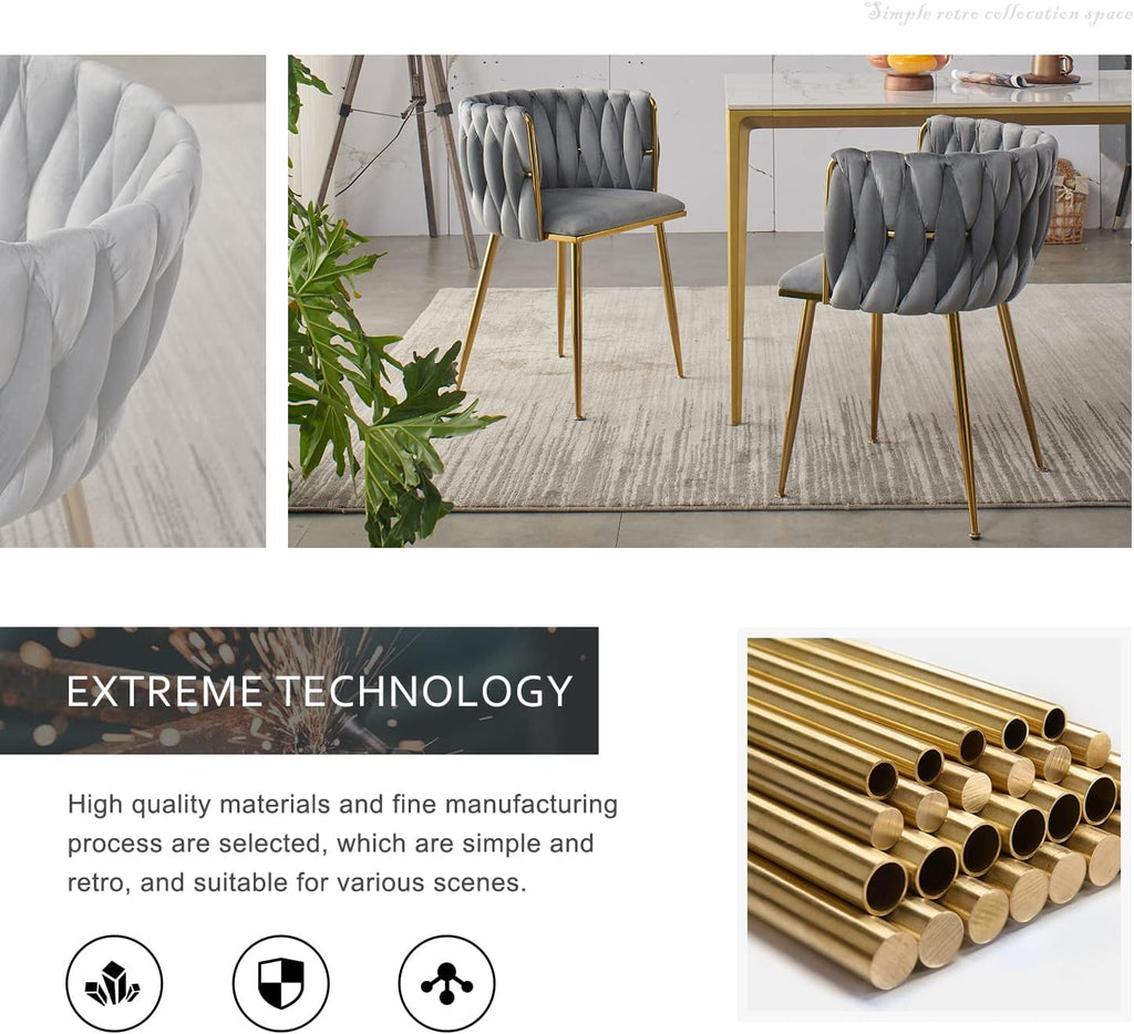 Velvet Dining Chairs Set of 6 with Golden Metal Legs and Woven Backrest - Grey