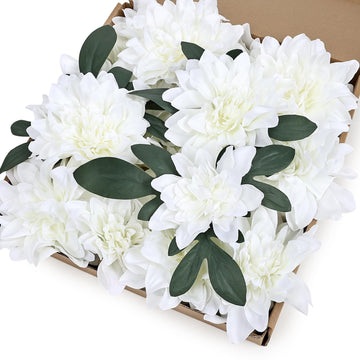 White Dahlia Artificial Flowers with Stems, 24 PCS, Silk