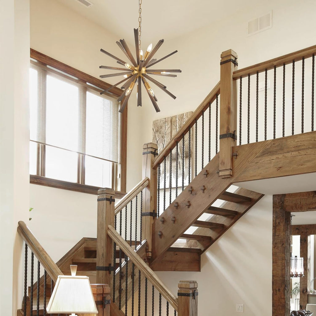 9-Light Wood Sputnik Chandelier for Entryway, Gold Dining Room Light Fixture, Farmhouse Pendant Light Fixture for Bedroom Kitchen Foyer Living Room