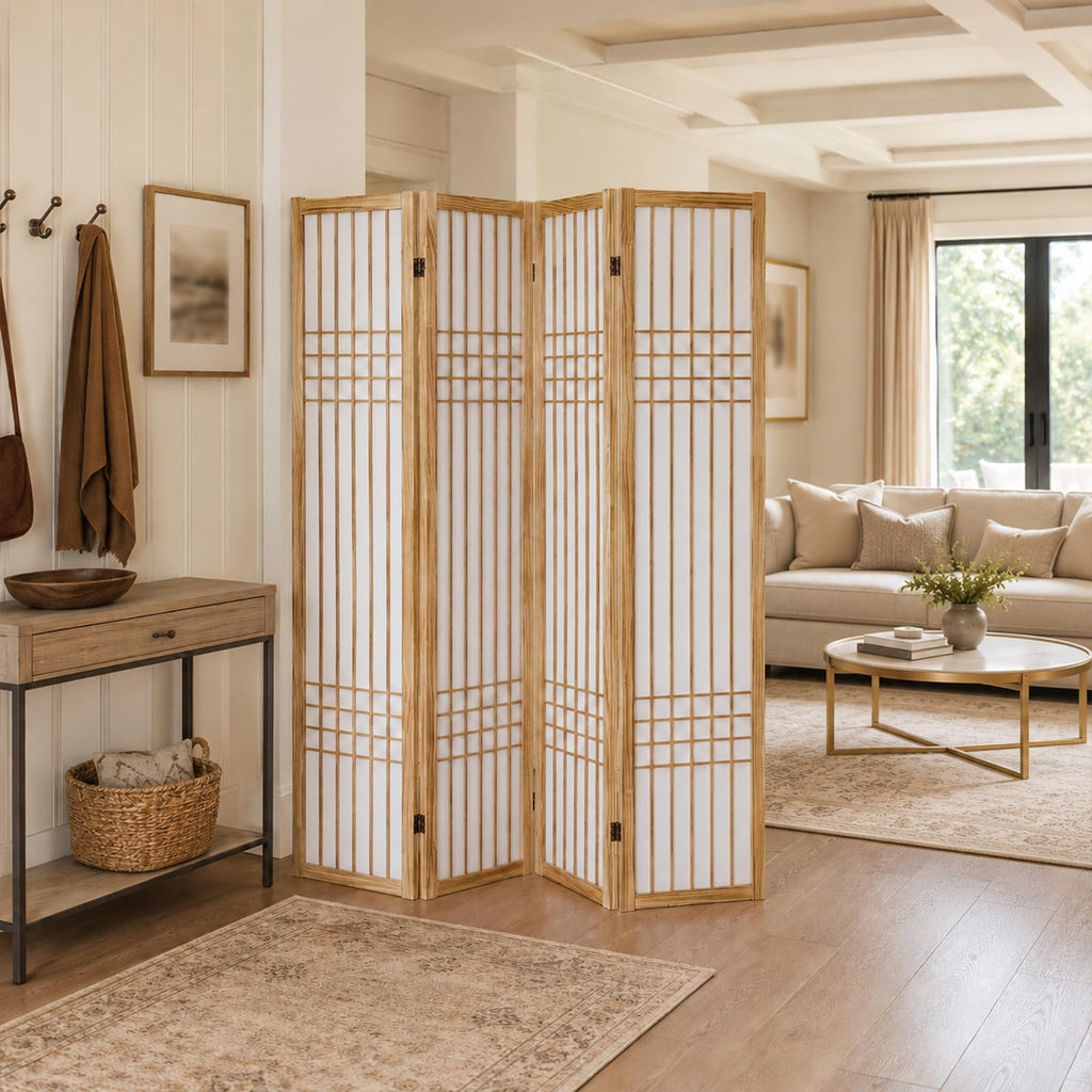 4 Panel Room Divider Folding Privacy Screen Light Brown
