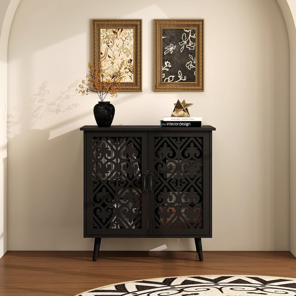 31.5" Small Black Accent Sideboard Buffet Cabinet with Storage, Vintage Storage Cabinet with Carved Wood Doors