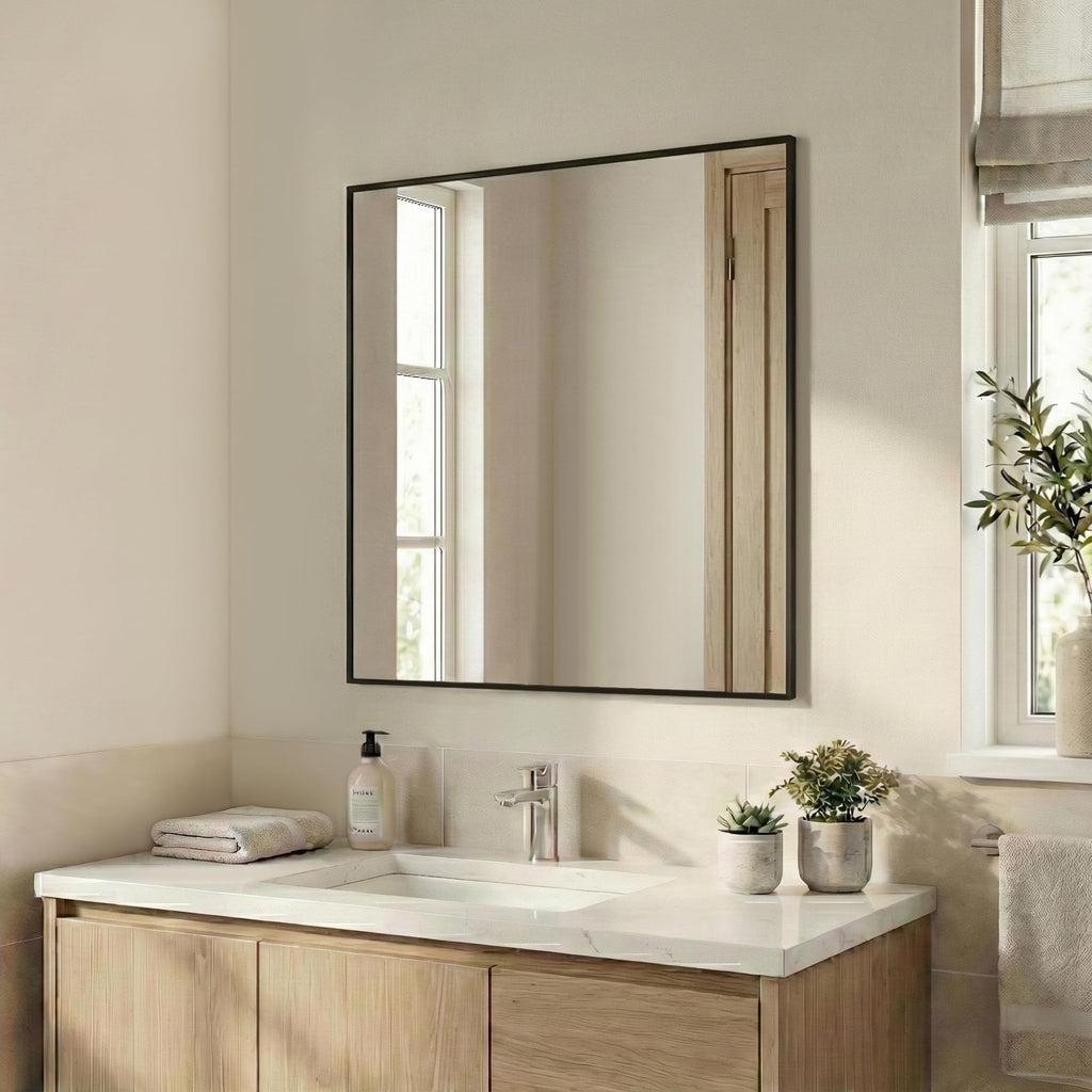 30x30 Inch Matte Black Square Bathroom Vanity Mirror