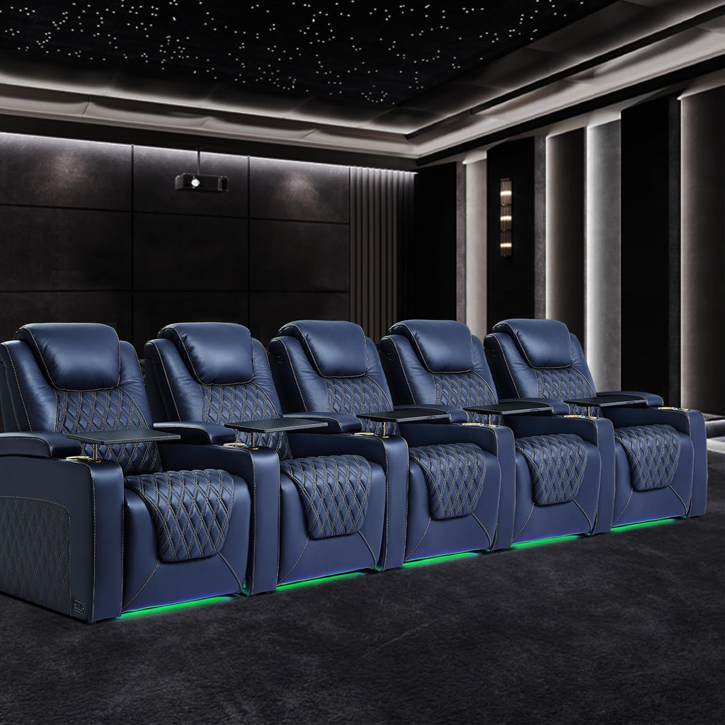Chic Top Grain Leather Home Theater Seating Power Headrest Recling Movie Gaming Recliner Sofa with 7 Colors Ambient