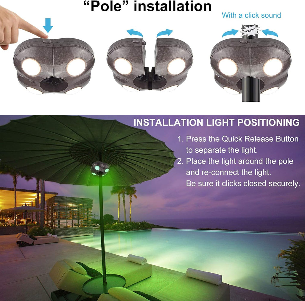 Patio Umbrella Light Battery Operated, Outdoor Table Umbrella Lights with Remote and Timer, Color Changing Pole Light
