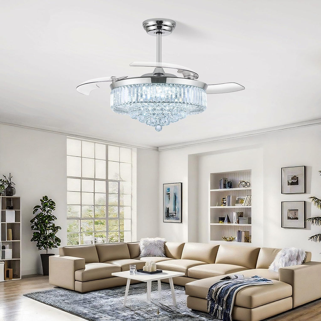 52 Inch Fandelier Ceiling Fan with Light, Retractable Chandelier Fan LED Dimmable Crystal Ceiling Fan Living Room