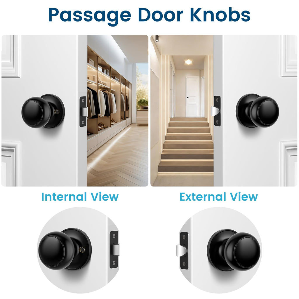 Passage Door Knobs, 6 Pack Matte Black Door Knobs, Hallway Closet Non-Locking Interior Doorknobs, Round Door Handles
