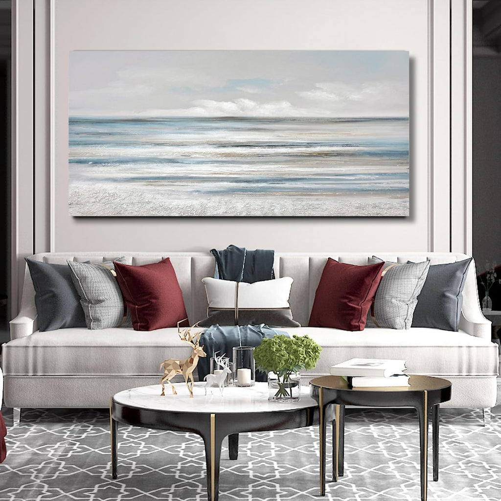 Abstract Wall Art Modern Coastal Wall Decor Textured Blue and White Sea Background Canvas Wall Art Bedroom Kitchen