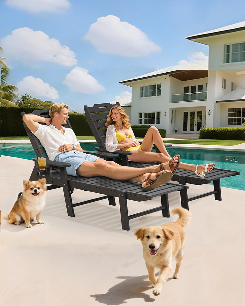 Lounge Chair Outdoor, HDPE Chaise Lounge with Wheels, 5-Position Adjustable Backrest & 2 Cup Holders Patio Lounge