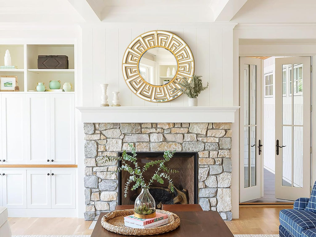 31.5"x31.5" Gold Round Mirror with Decorative Geometric Pattern, Accent Wall Mounted Mirror for Modern Living Room