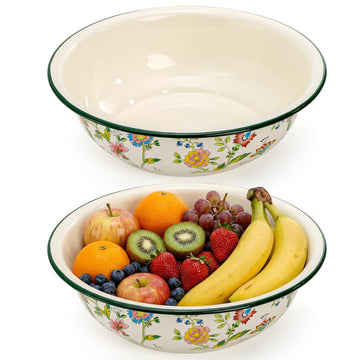 2 Pack Vintage Enamel Mixing Bowls, 11.8 Inch Primitive Enamelware Basin for Fruit, Salad, Pasta, Dough Making, 3.6