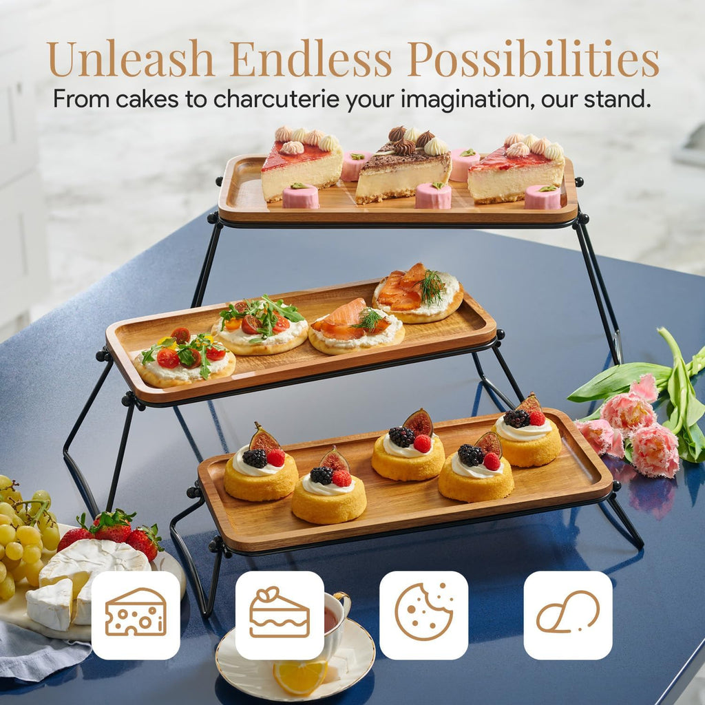 3 Tiered Tray Stand - Acacia Wood 3 Tier Serving Tray, Cupcake, Cake, Charcuterie Boards & Food Stand, Dessert Table