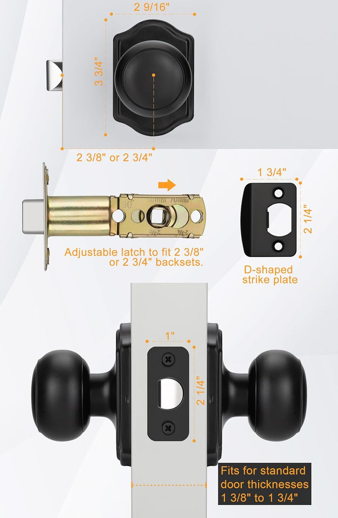 Matte Black Closet Door Knobs Interior No Lock, Passage Door Knobs Hallway, Black Door Knob Without Lock 6 Pack