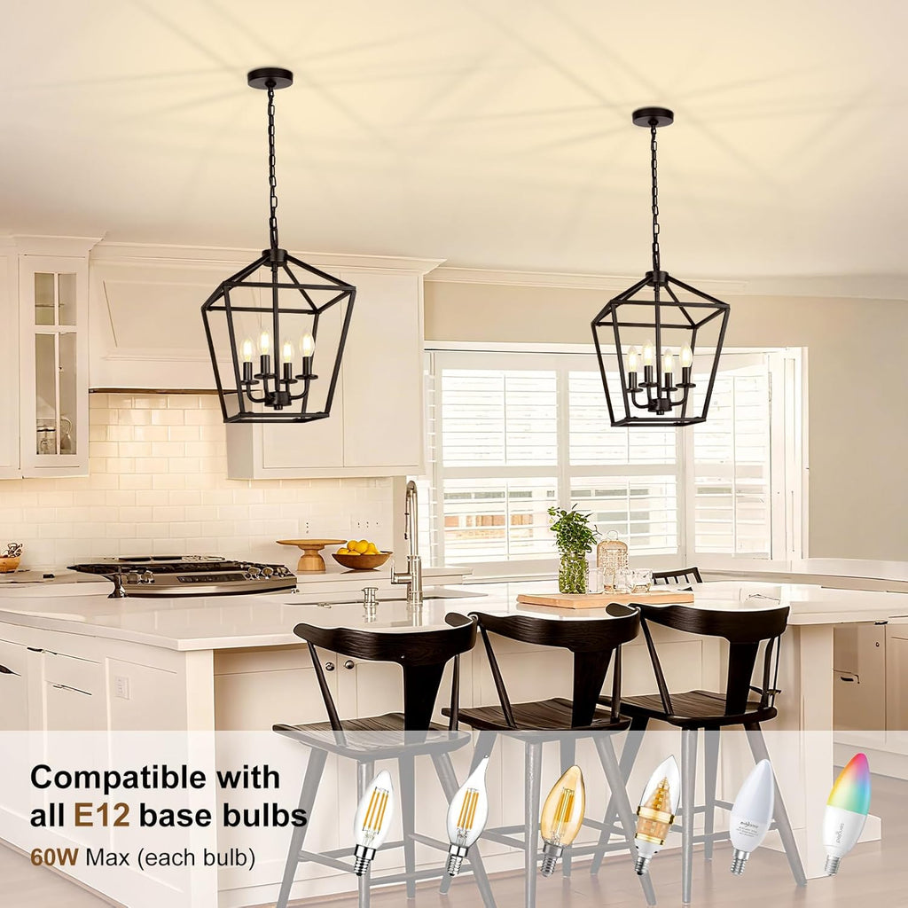 4 Light Chandelier, Industrial Ceiling Light Black Lantern Light Fixtures with Farmhouse Metal Cage Adjustable Height
