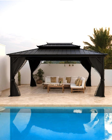 Hardtop Gazebo 12 ft x16 ft for All Weather, with Double Metal Roof, Net, and Curtain