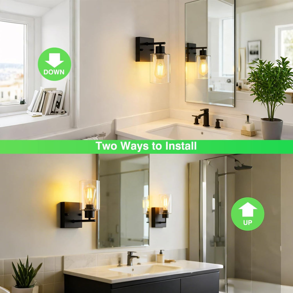 2-Pack Wall Sconces , Matte Black Vanity Lights, Modern Wall Light Fixture with Clear Glass Shade, Farmhouse