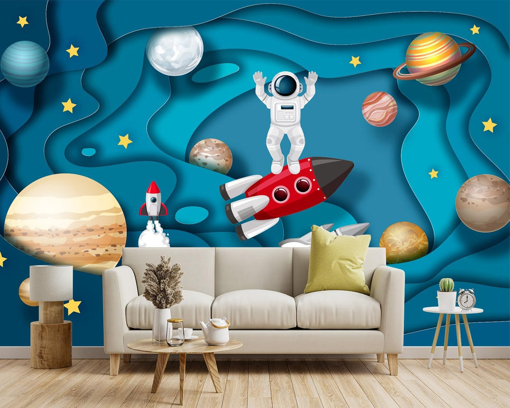 Kindergarten Children Galactic Planet Fabric Wallpaper Living Room Bedroom Boys Girls Children Cartoon Astronauts