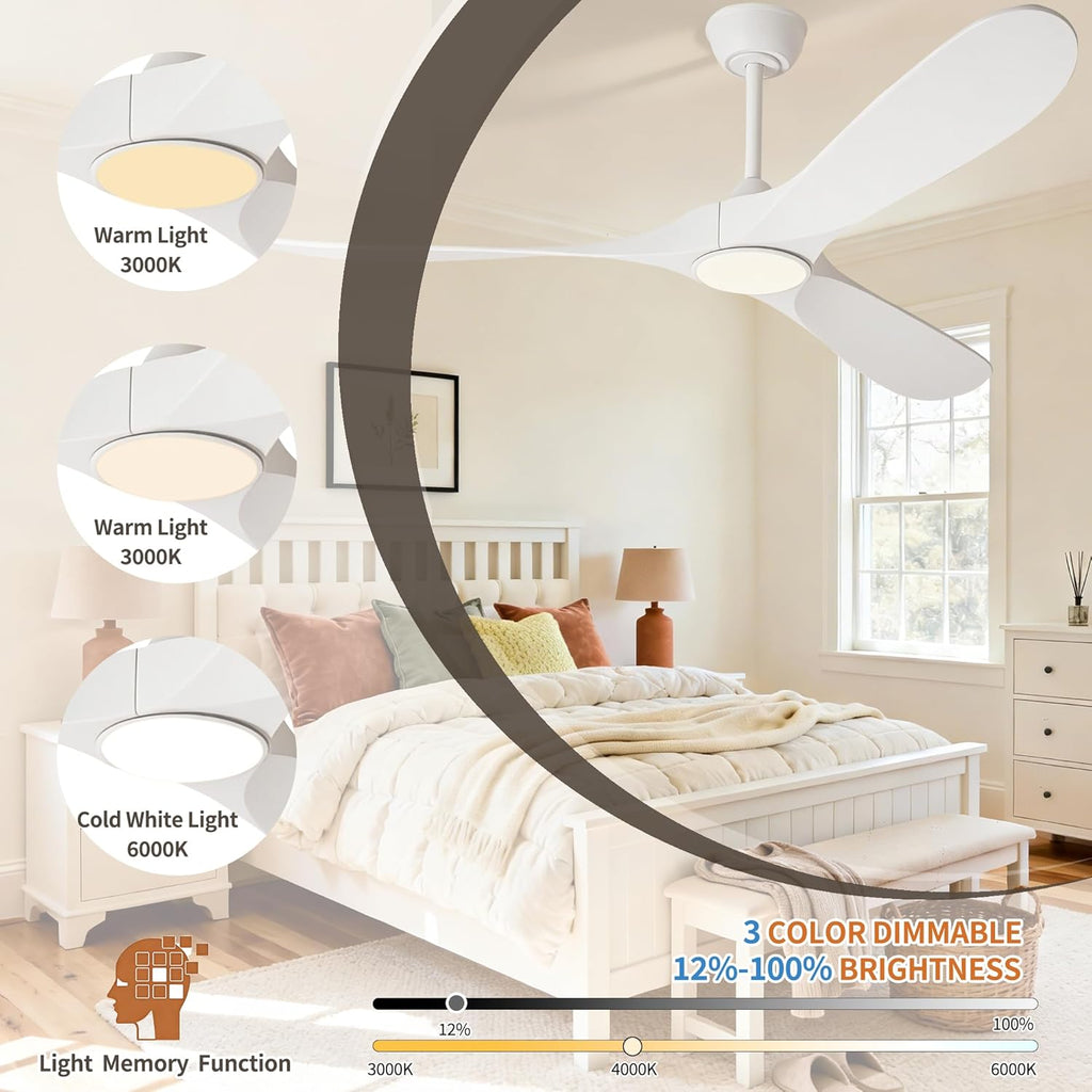 72 inch White Ceiling Fan with Light and Remote