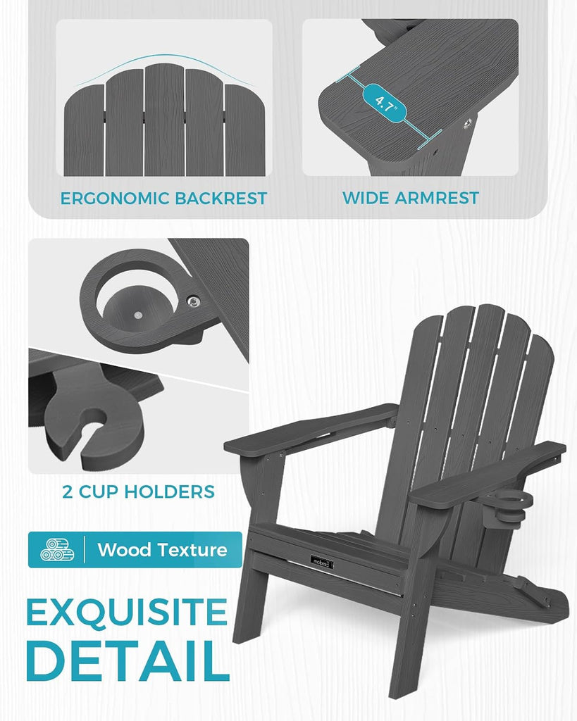 Folding Adirondack Chair, All-Weather HDPE Plastic Patio Chair with 2 Cup Holders, Wooden Textured Lawn Chair