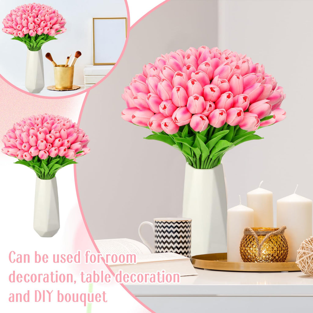 100 Pcs Artificial Real Tulips Fake Artificial Tulip Flower Bulk Bouquet with Stem for Table Centerpieces Wedding