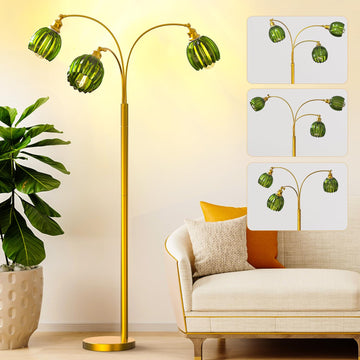 Arc Floor Lamps, Gold Dimmable Floor Lamp with Green Flower Glass Shades and 3 Brightness Lights, Adjustable Arm