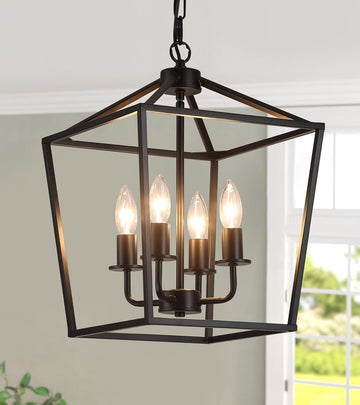 Black Industrial 4 Light Lantern Chandelier Ceiling Light Fixtures Farmhouse Metal Cage Rustic Geometric Pendant Light for Kitchen Island Entryway Dining Room Stairs and Hallway