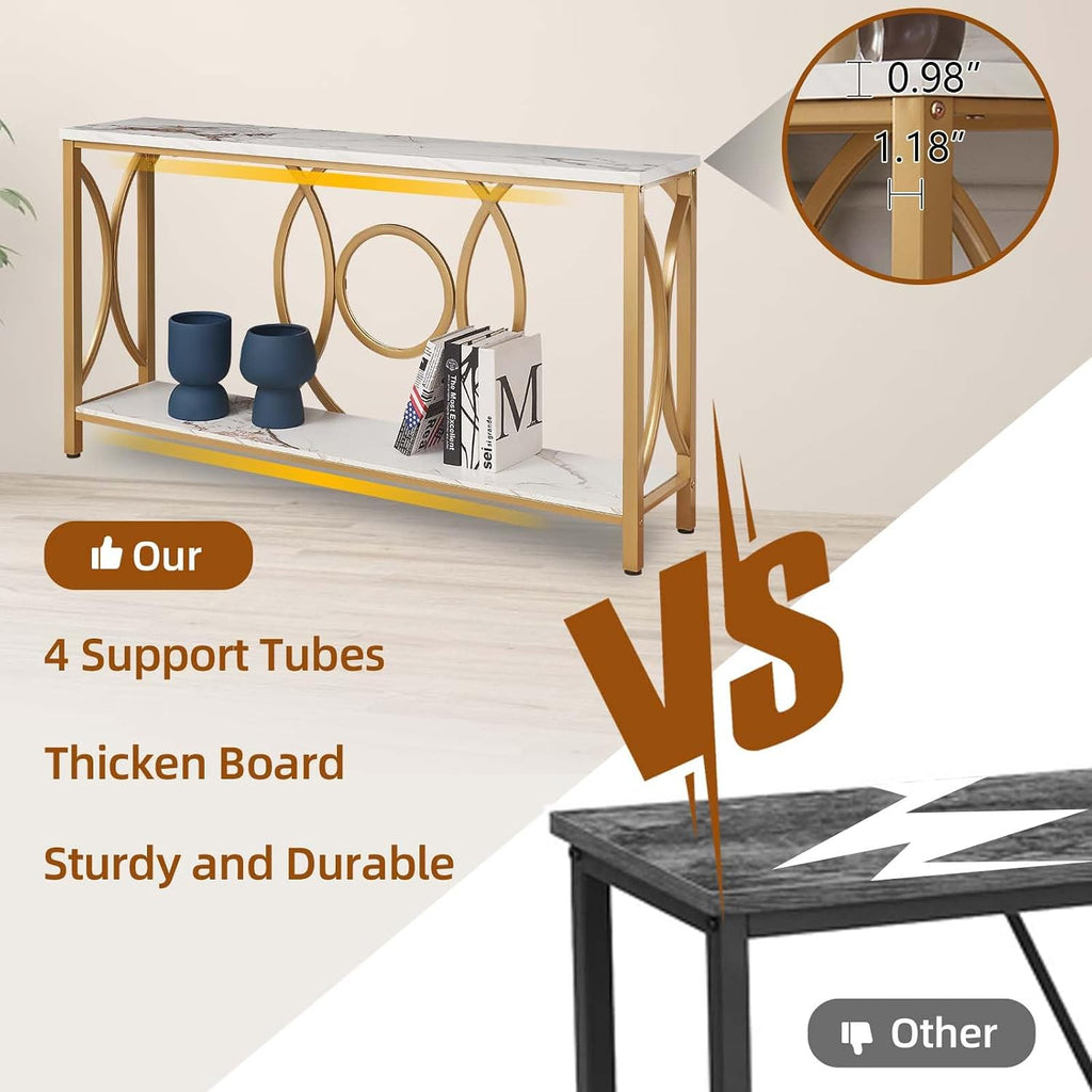 Sofa Console Table, Modern Gold Console Table with Faux Marbled Tabletop, Engineered Wood Entryway Tables with 2 Tier