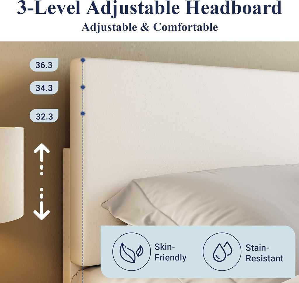 Full Bed Frame with Adjustable Headboard, Faux Leather Platform Bed with Wood Slats, Heavy Duty Mattress Foundation