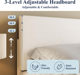 Full Bed Frame with Adjustable Headboard, Faux Leather Platform Bed with Wood Slats, Heavy Duty Mattress Foundation