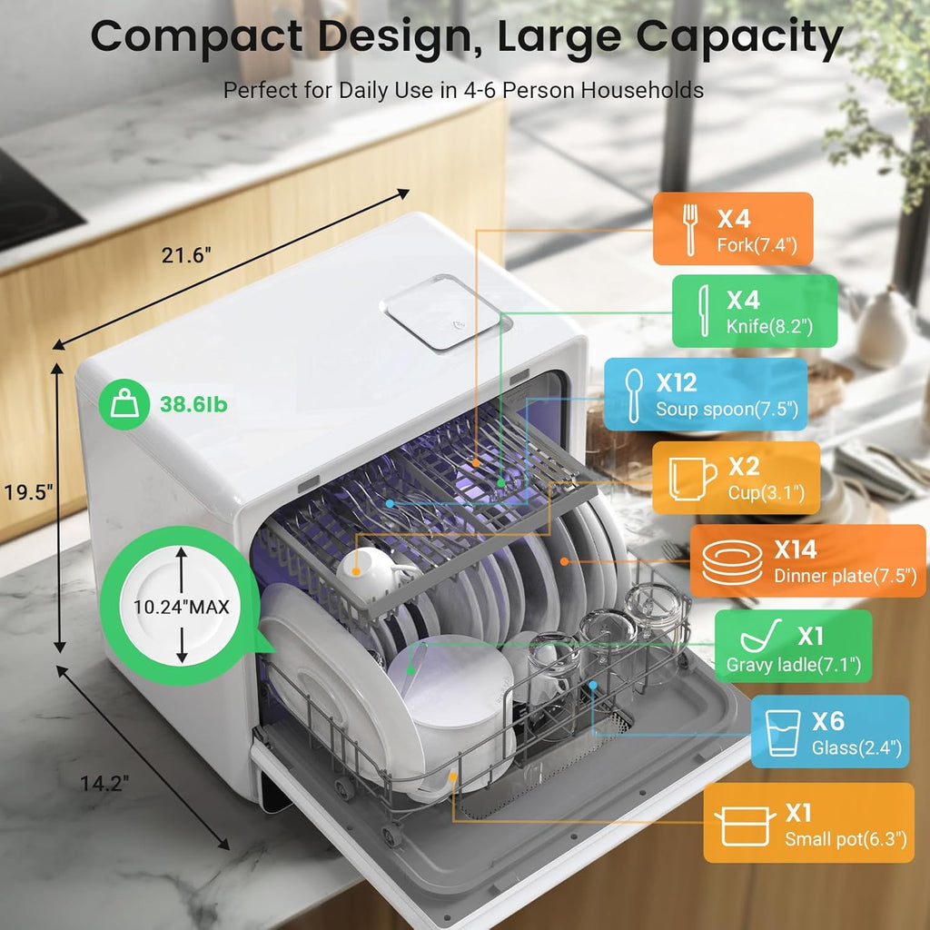 Countertop Portable Dishwasher, 9 Programs, 167℉ High-Temp, 360° 3 Spray, 24H Timing, Hot Air Drying, Air Refresh