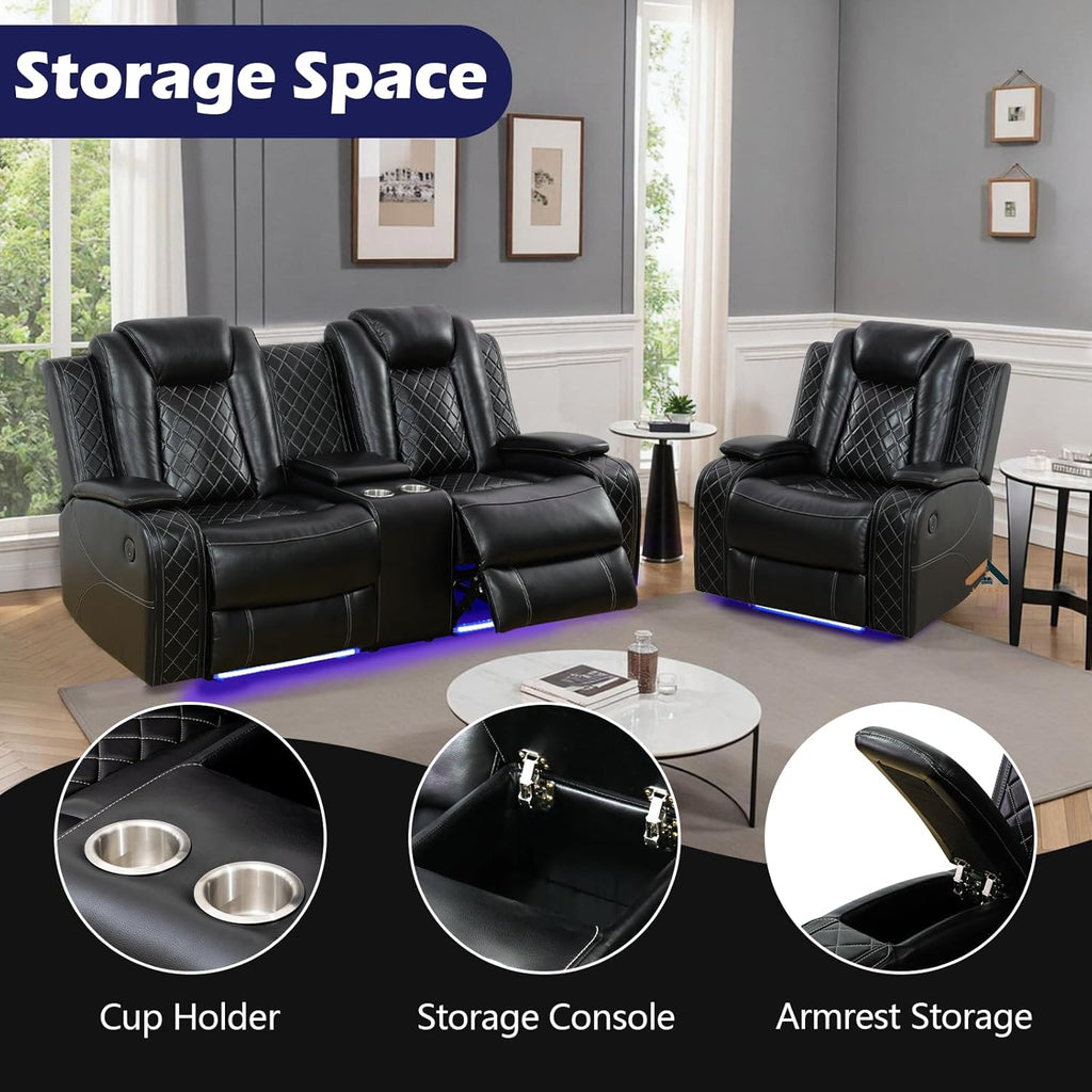 Power Recliner Sofa Set with LED Lights, Black Leather Reclining Loveseat and Chairs with Storage Console, USB Ports