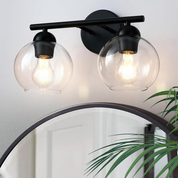 Black Bathroom Light Fixtures, 2 Light Bathroom Vanity Light with Globe Glass Shades, Modern Farmhouse Vanity Lights