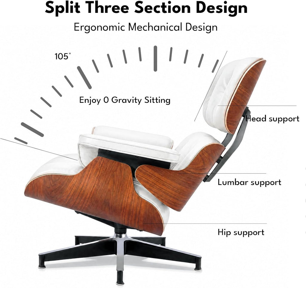 Modern Chaise Lounge Chair and Ottoman — White Leather