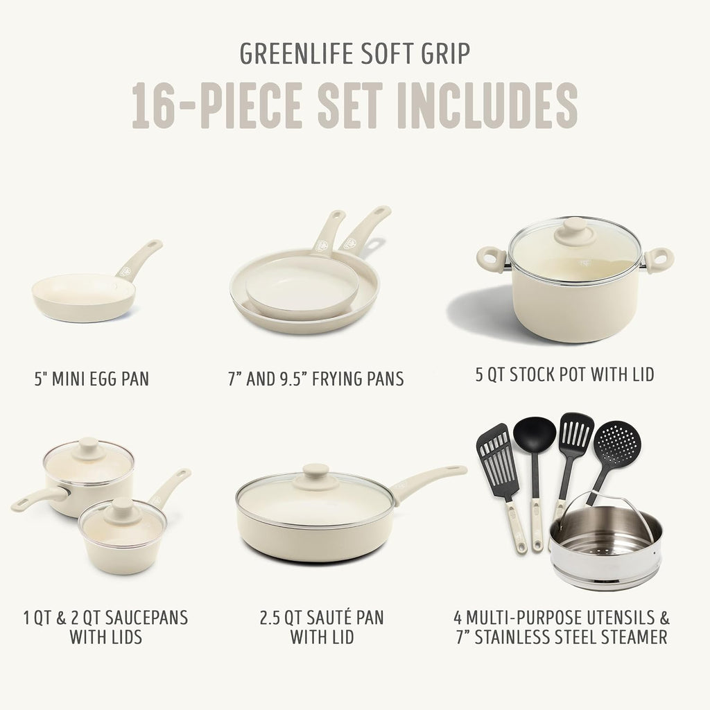 16 Piece Ceramic Nonstick Pots & Pans Cookware Set, Cream | PFAS-Free Nonstick Coating, Stockpot, Frying Pans