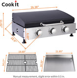 3-Burner Portable Tabletop Propane Gas Griddle with Stainless Steel Flat Top, Cast Iron Grates, 30,000 BTU Output for Camping, Tailgating, and Outdoor BBQ
