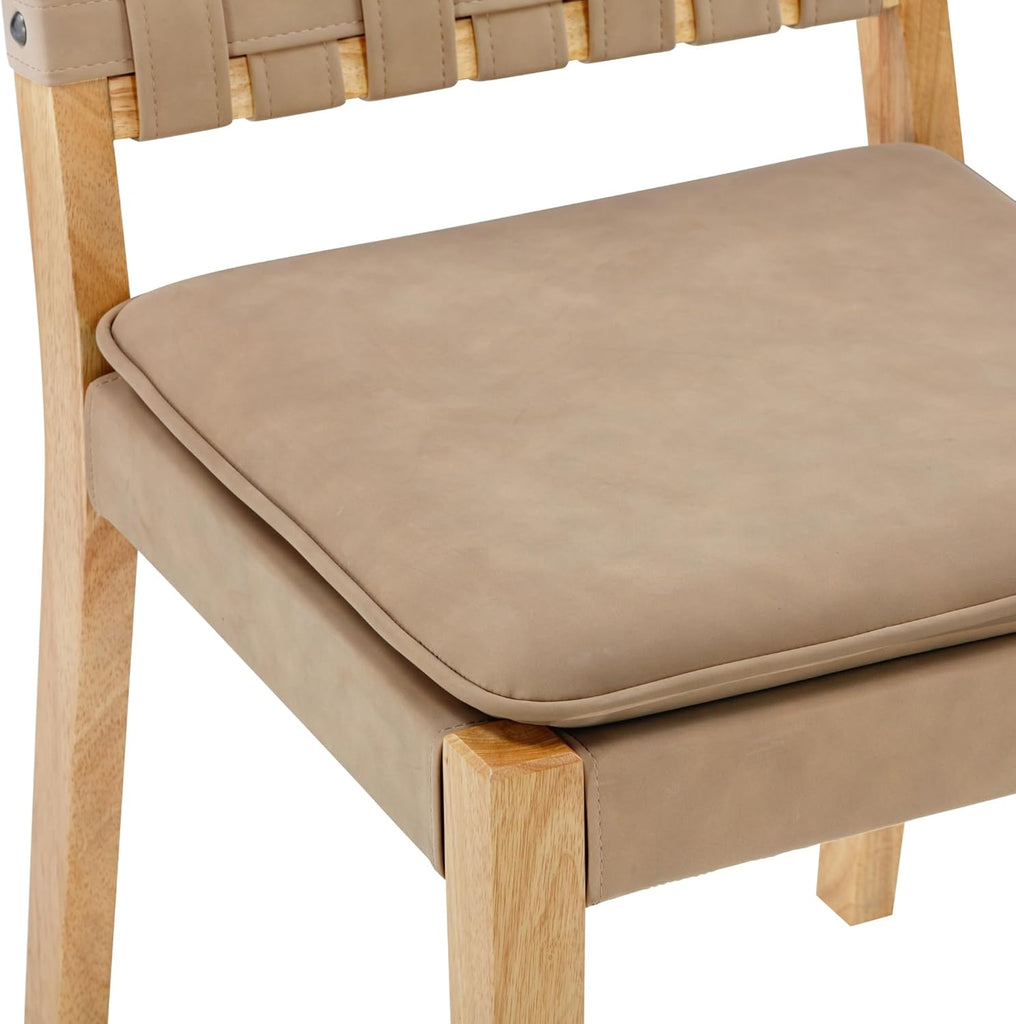 Wood Dining Chair, Mid-Century Modern Upholstered Side Chair with Hand Woven Faux Leather Backrest, 20"D x 18"W