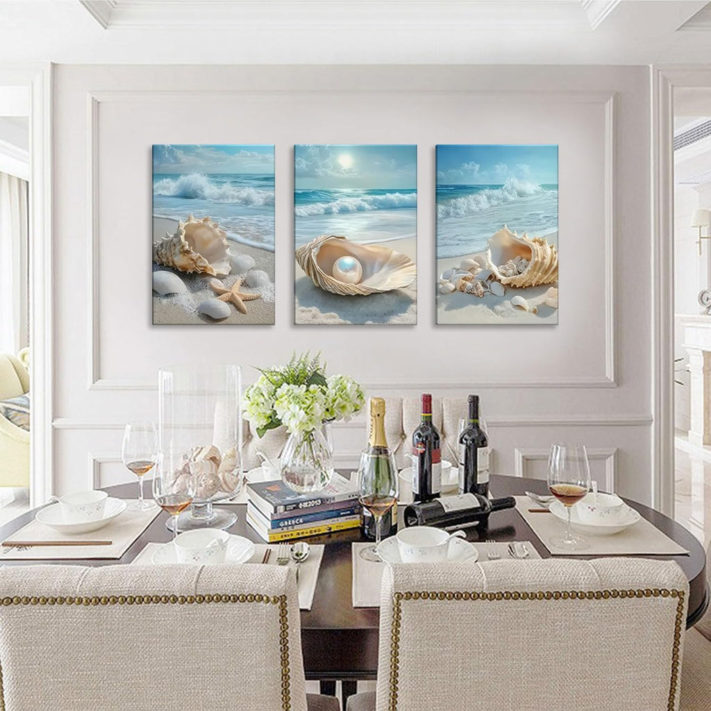 3Pcs Beach Themed Canvas Wall Art | Summer Beach Waves Pictures, Seashells Starfish and Pearl in Ocean Setting