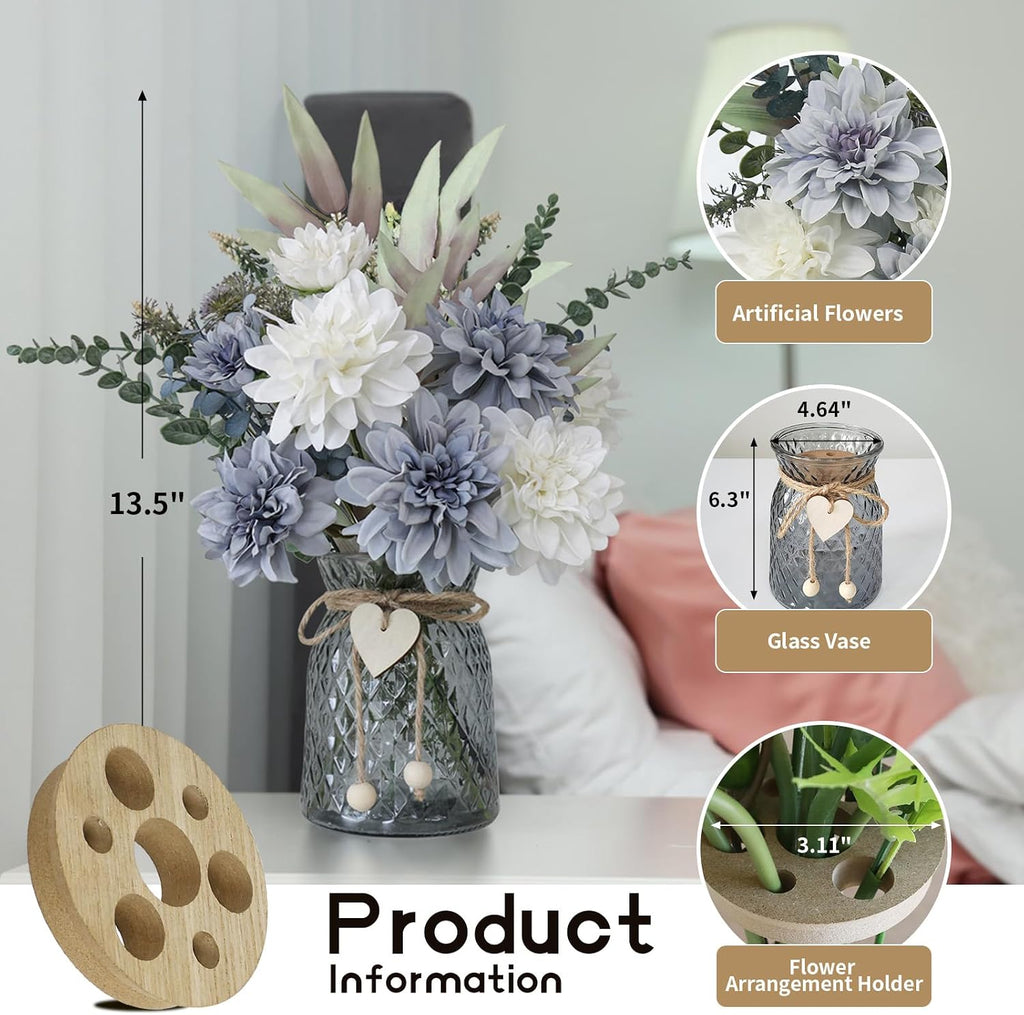 Fake Flowers in Vase,8 Dahlias,Silk Artificial Flowers in Vase,Centerpiece Table Decorations,Faux Flowers in Vase