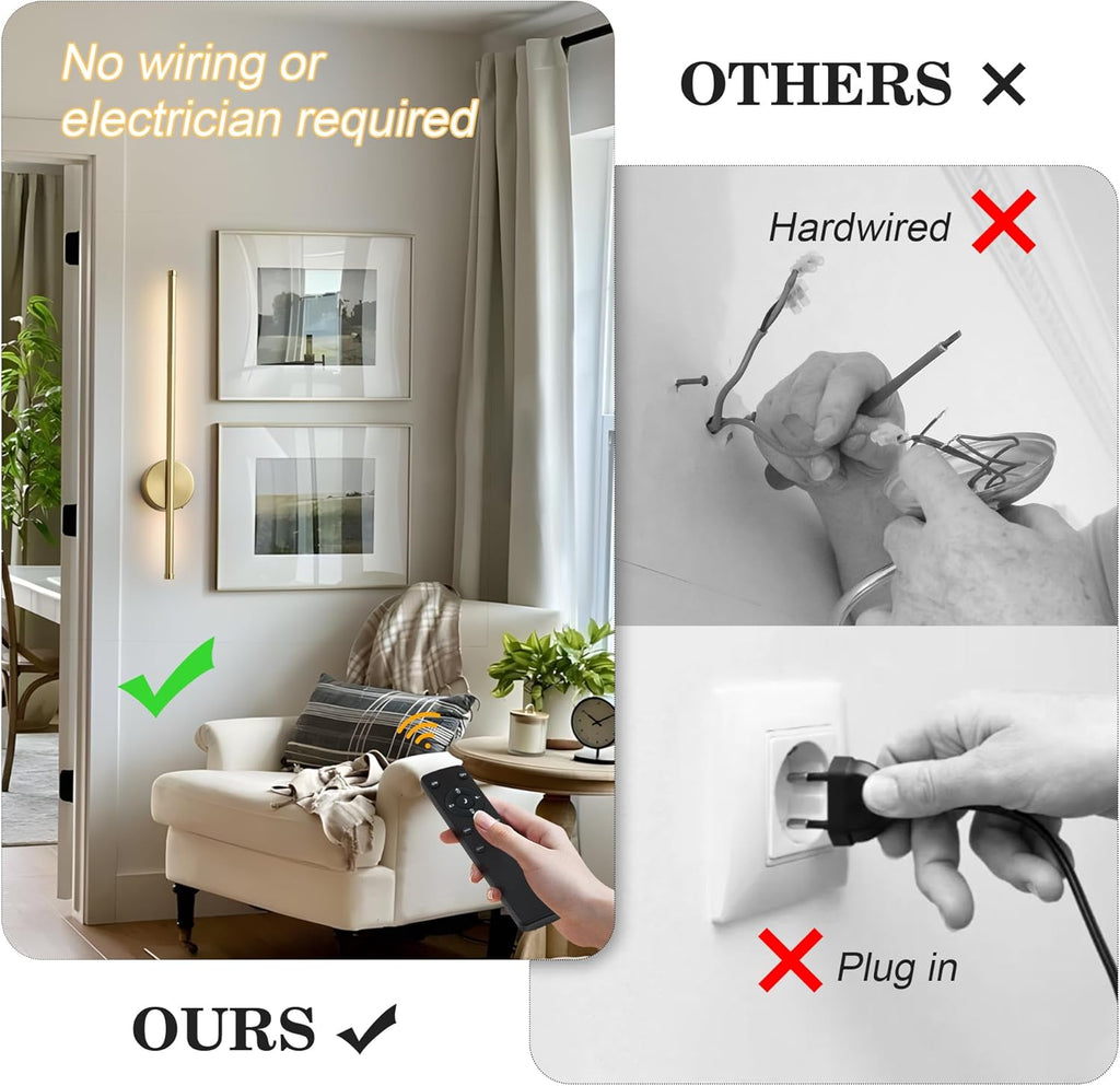 Battery Operated Modern Wall Sconces, Dimmable Wireless Wall Light Set of Two with Remote Control, 3 Color