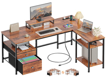 50 Inch L Shaped Computer Desk with Power Outlet, Rustic Brown